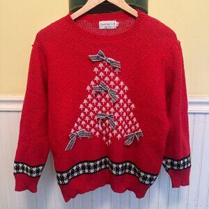 Vintage Red Sweater Loft Christmas Tree Sweater With Ribbon Bows Snowflake